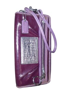 Coach Poppy Purple Patent Leather Zip Around Wristlet Wallet Leopard Lining